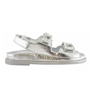 Chanel 22C Silver Laminated Star CC Logo Mule Slide Strap Flat Dad Sandal 35.5